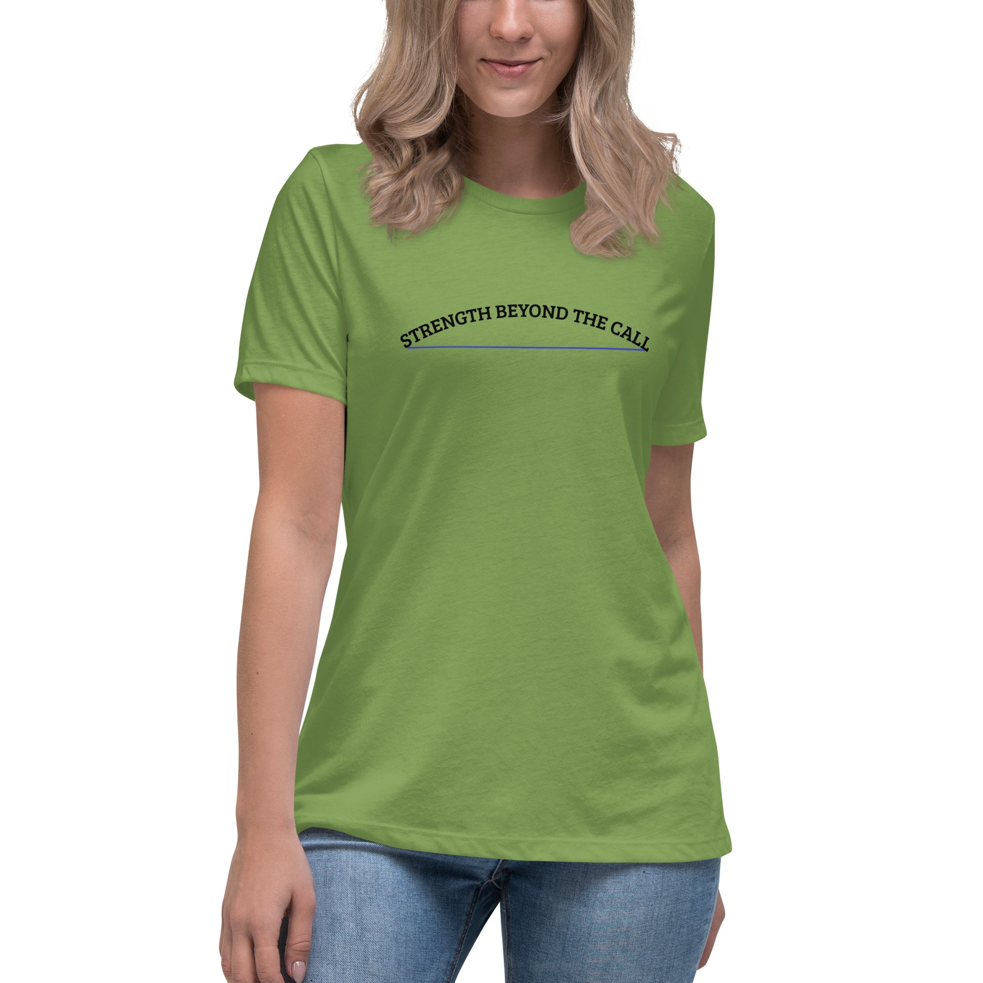 Strength Beyond The Call Blue Line Curved Logo Women’s T-Shirt – Law Enforcement PTSD Awareness | Revival Unleashed-Revival Unleashed